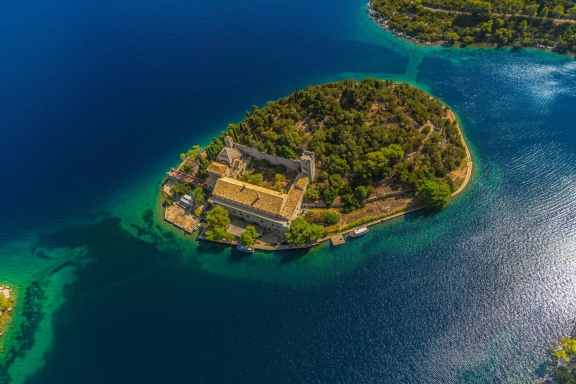 Aerial photo of Monestary on Mljet, tiny islands blue sea in Croatia
