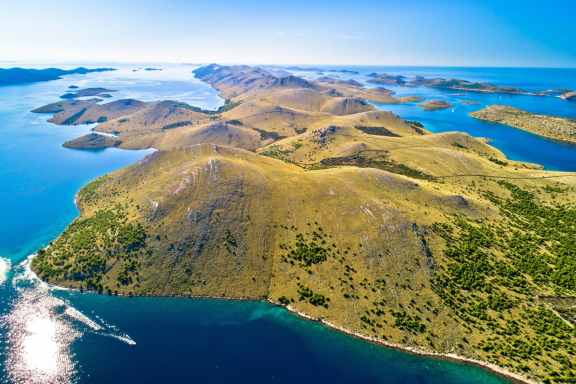 Aerial photo of uninhabited islabds in the Kornati Acchipelago, Croatia