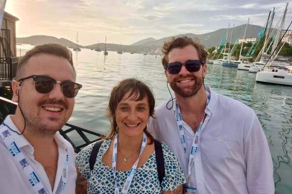 Yacht charter brokers Alex Hailwax, Jonna Duvernoy and Peter Domschke at yacht show 2025